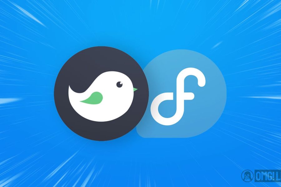 the budgie and fedora linux logos on a blue background
