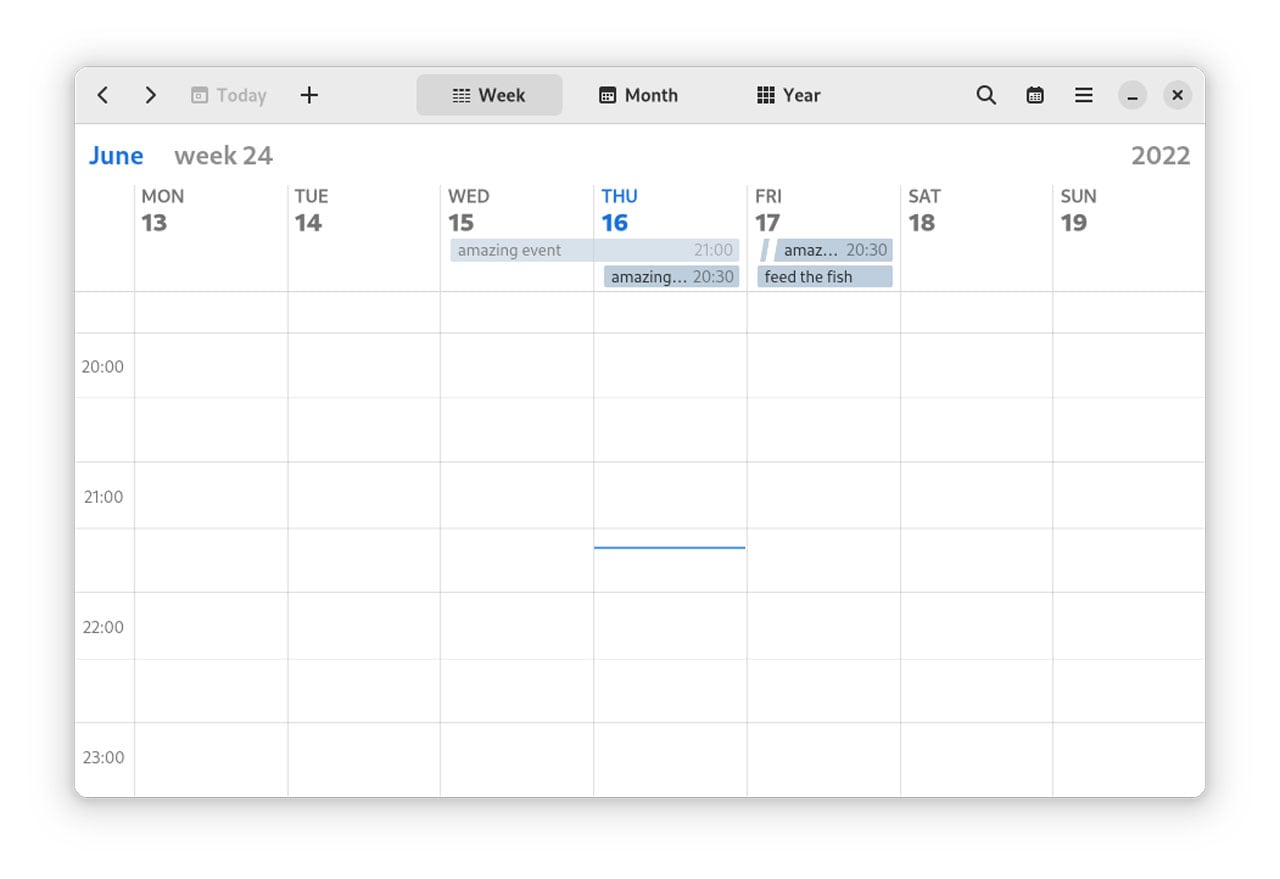 GNOME Calendar screenshots showing the week view in version 42