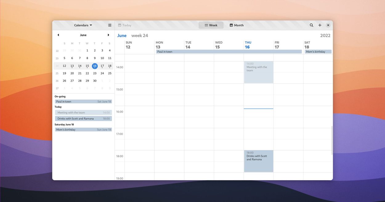 GNOME Calendar v43 with new sidebar