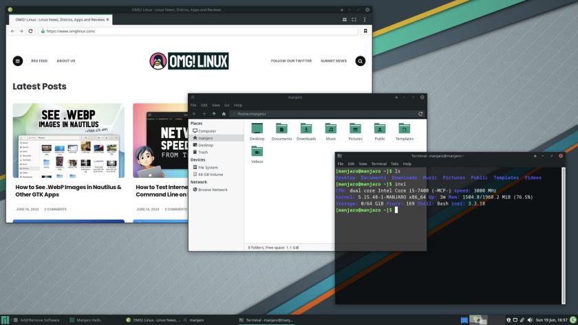 a screenshot of several apps open on Manjaro 21.3.0 