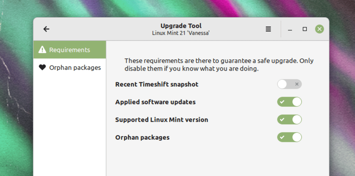 linux mint 21 upgrade tool preferences showing requirements