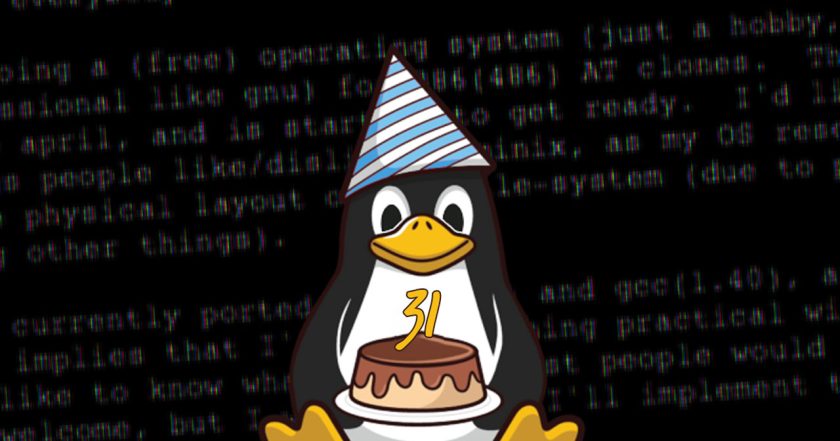 a illustration of tux the linux mascot holding a cake with the number '31' on it in a part hat against a backdrop of Linus' announcement