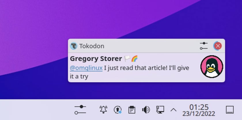 a screenshot of a notification from Tokodon on the KDE Plasma desktop