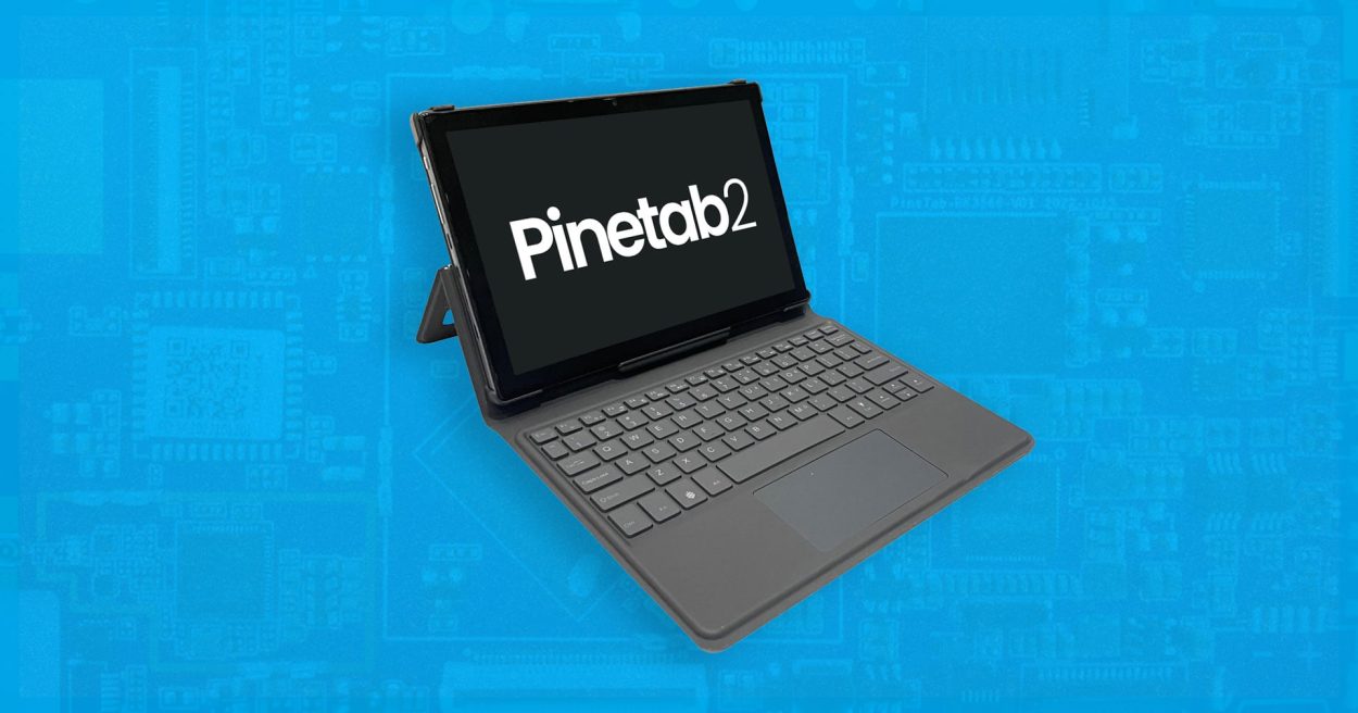 pinetab2 with keyboard case attached on a blue background