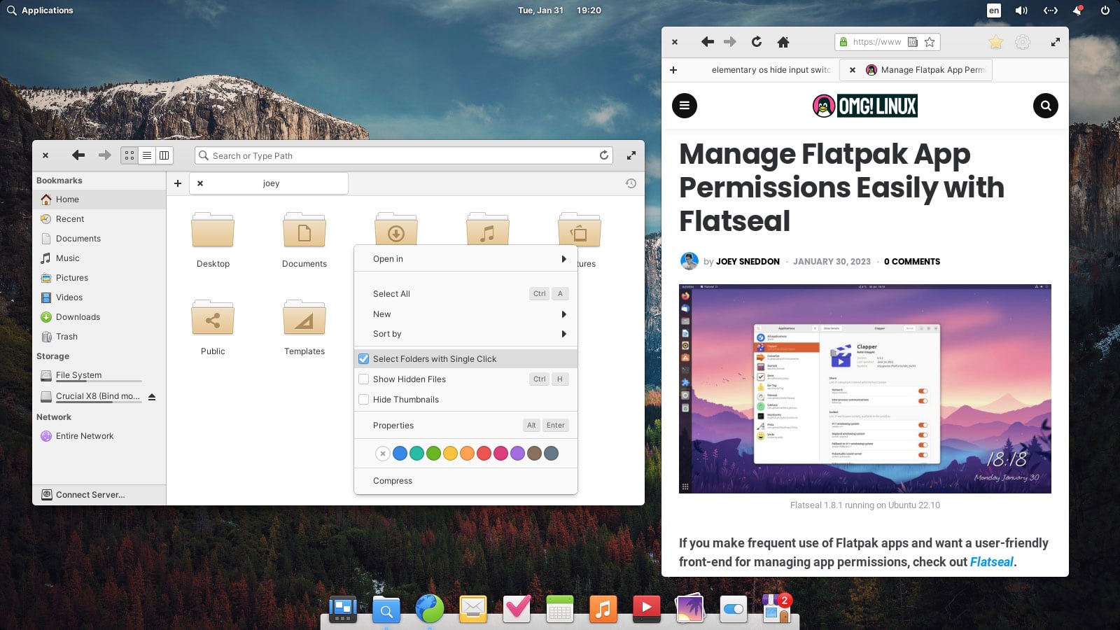 a screenshot showing Files with the new context menu option, and the Web browser in elementary OS 7