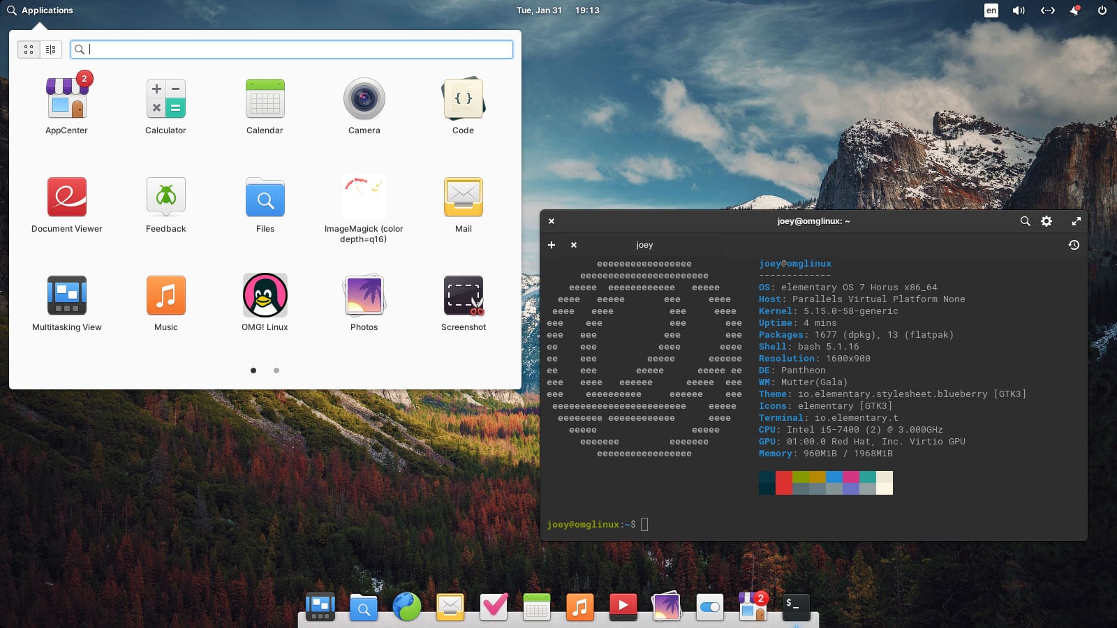 a screenshot showing the slingshot application launcher in elementary OS 7, plus the terminal app