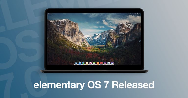 white text says elementary os 7 released beneath a black laptop with a screenshot