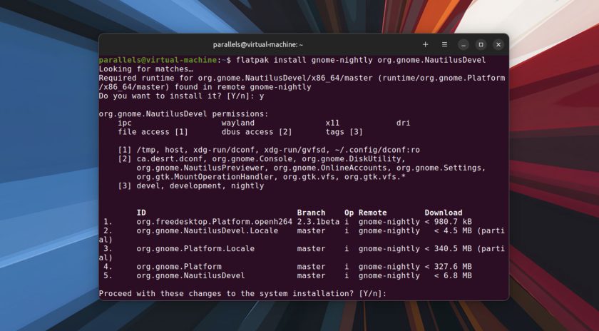 screenshot of terminal output for the flatpak install command