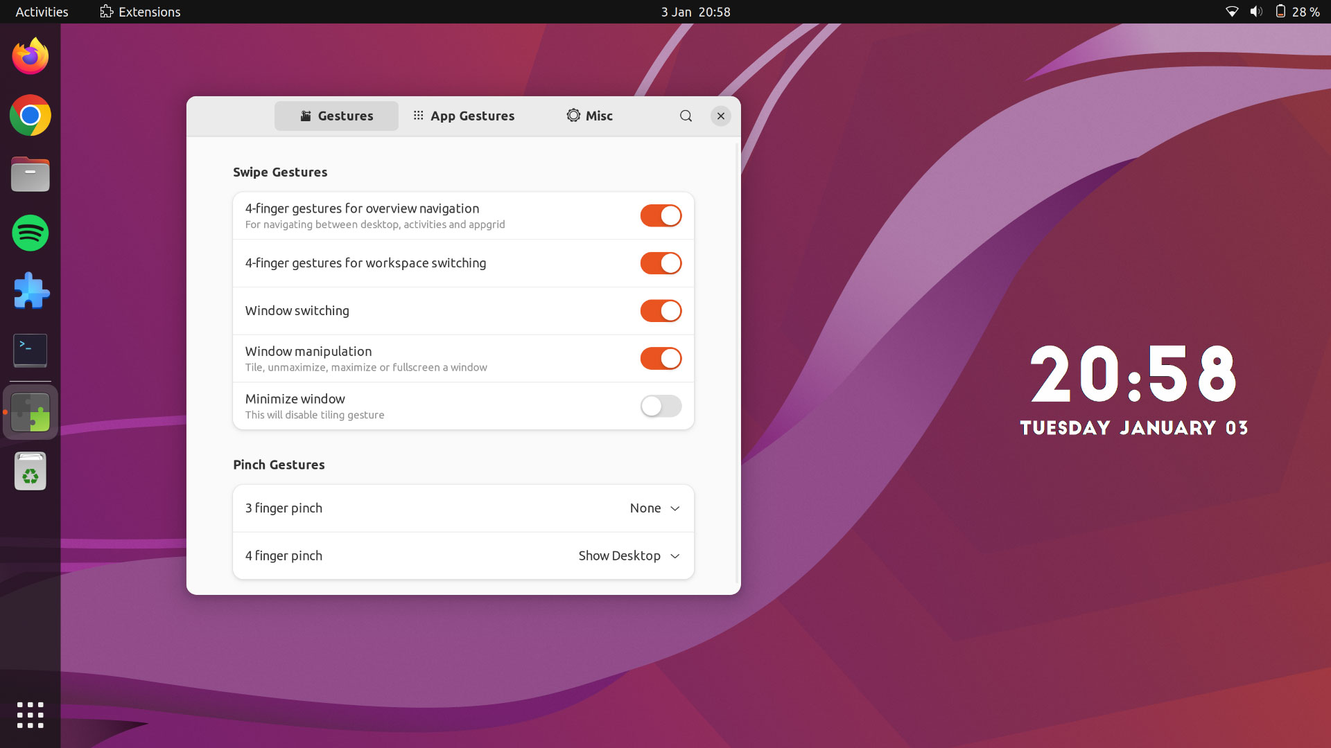 screenshot of Gesture Improvements GNOME extension settings on Ubuntu 22.10