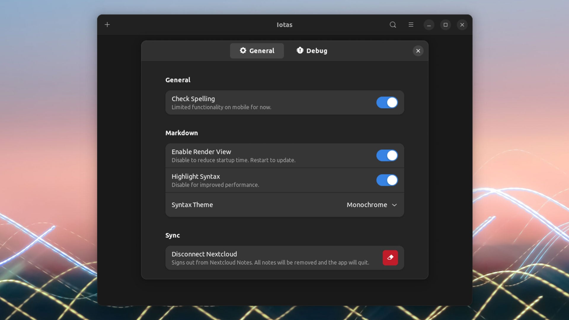 screenshot of Iotas linux app preferences 