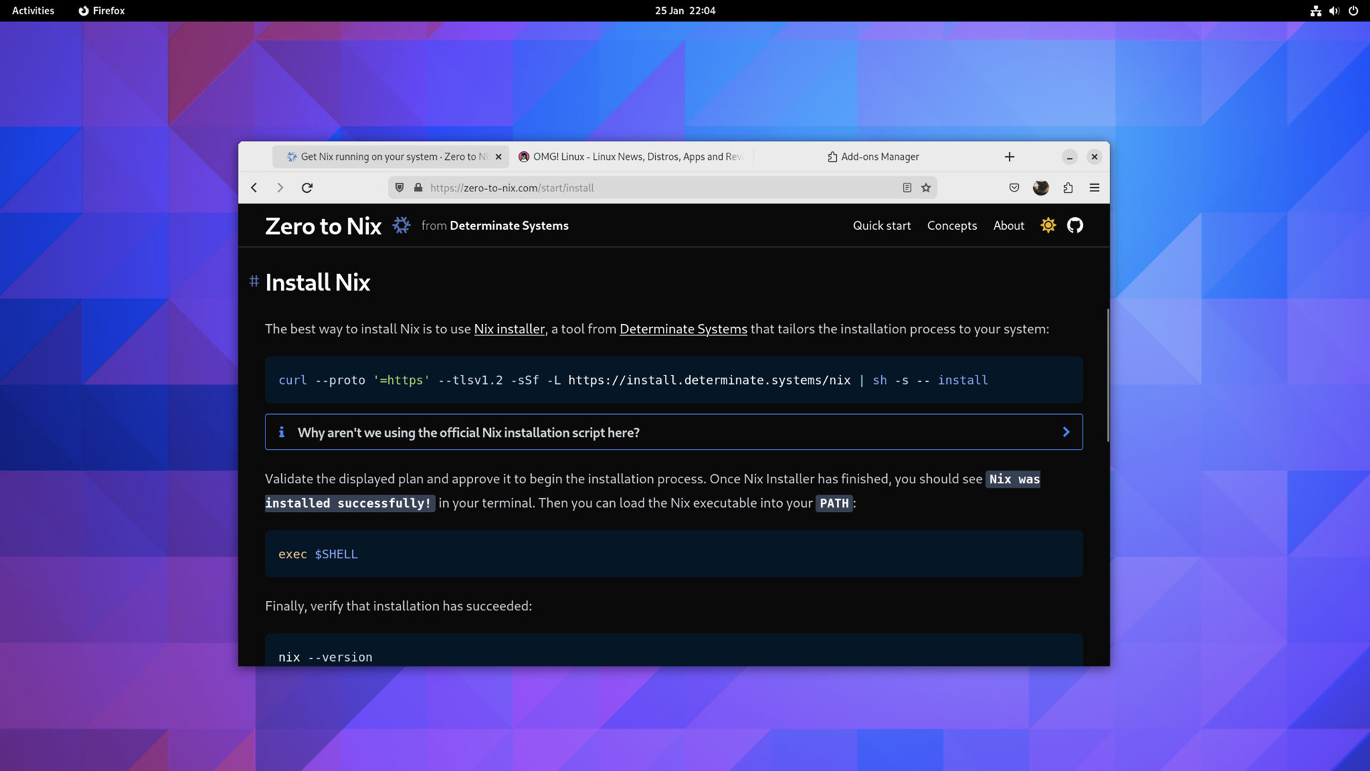 Screenshot of the zero-to-nix website in the firefox web browser on Fedora Workstation