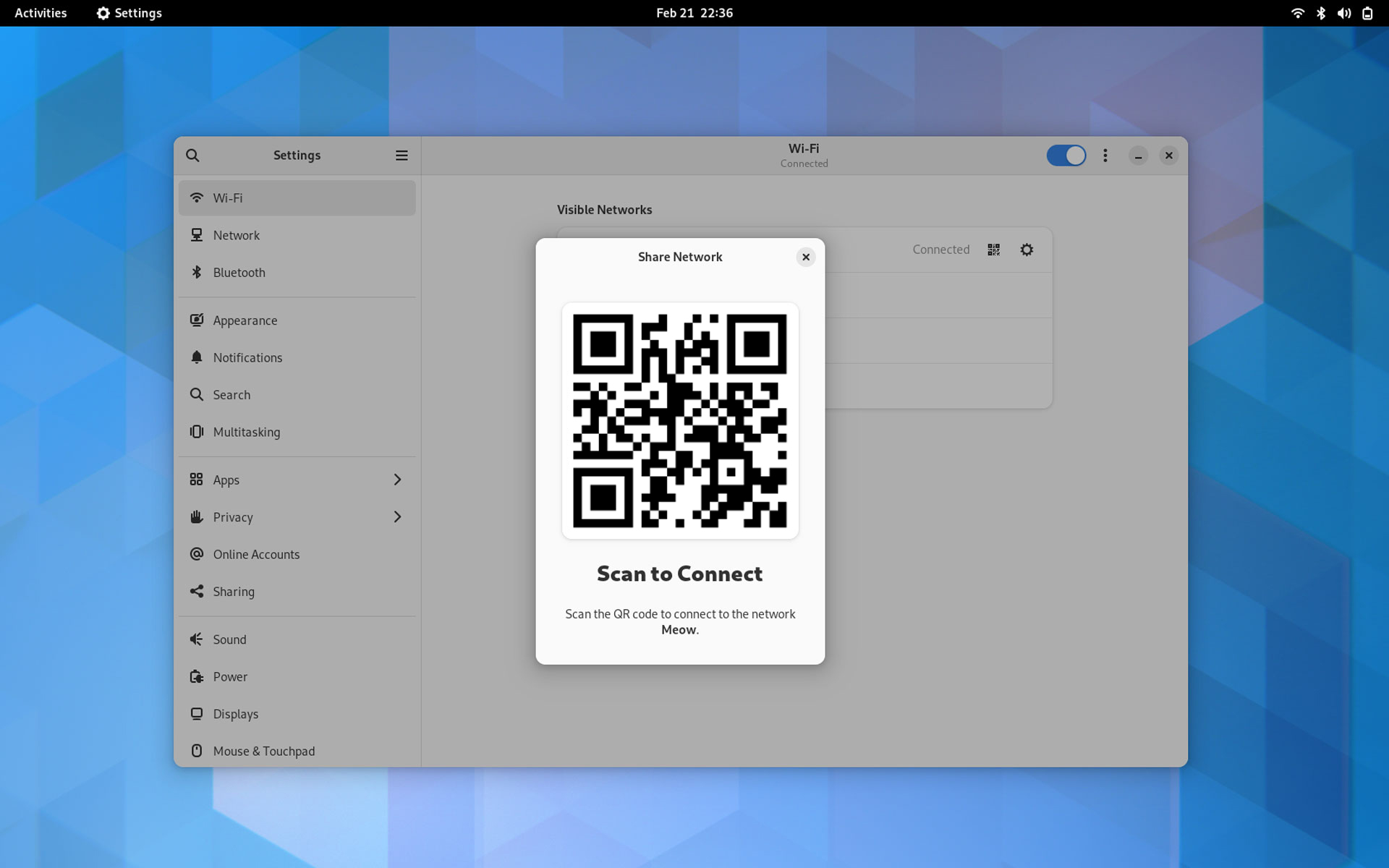 sharing a wifi password as QR code in GNOME desktop 