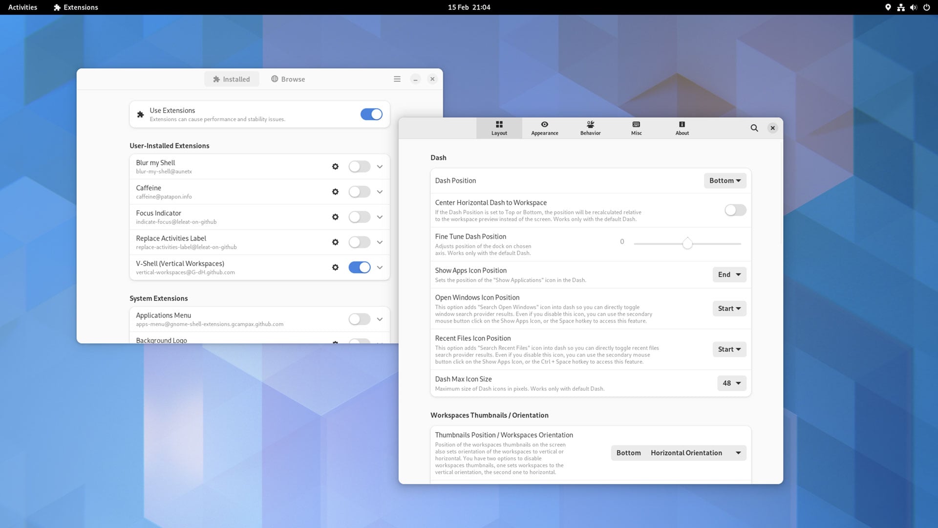 V Shell GNOME extension screenshot