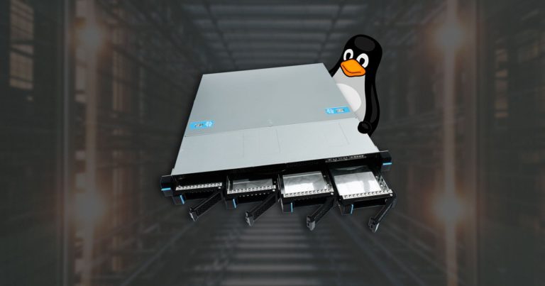 purism librem server with the linux mascot behind it